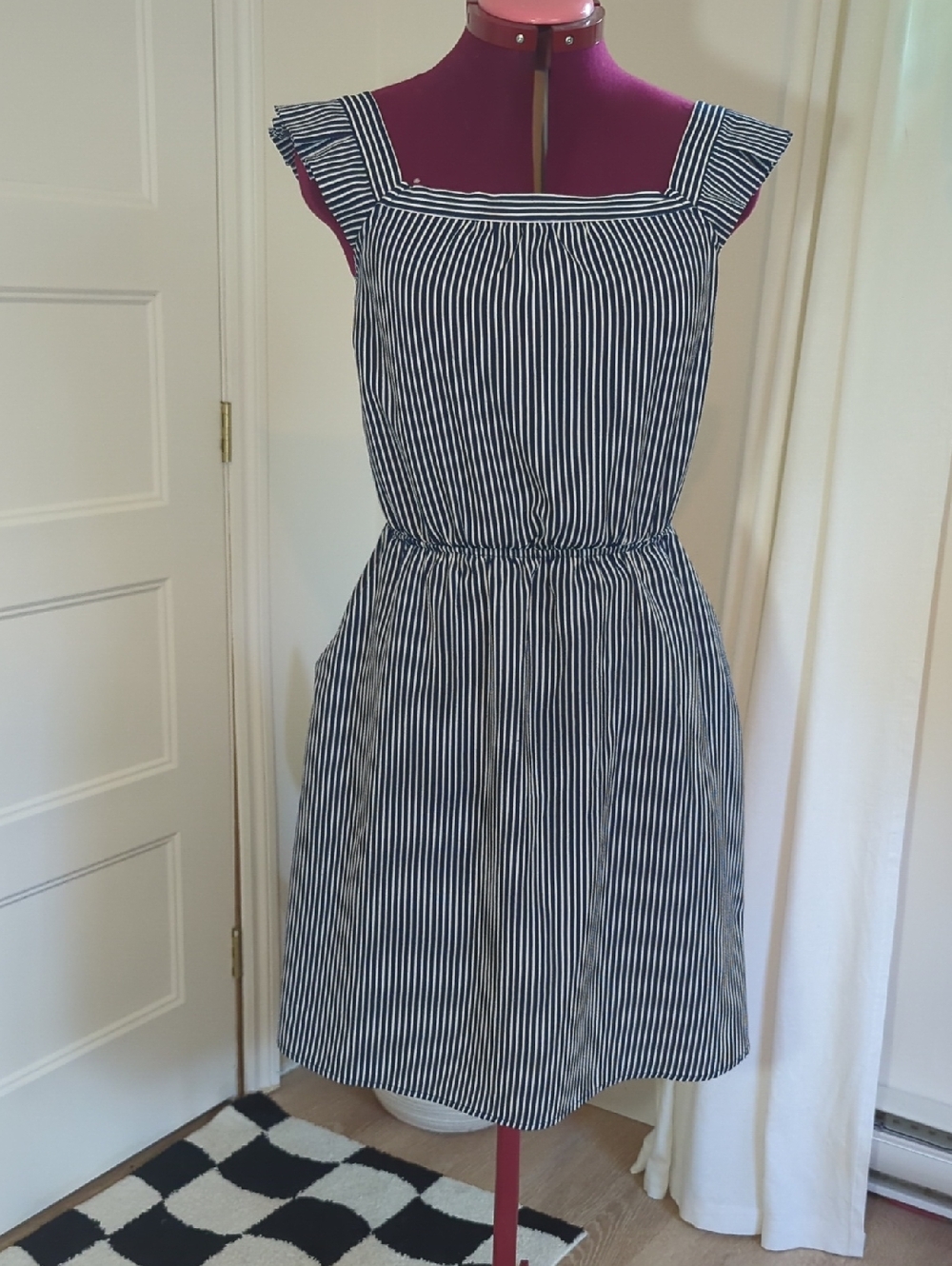 Blue & White Striped Square-Neck Midi Dress